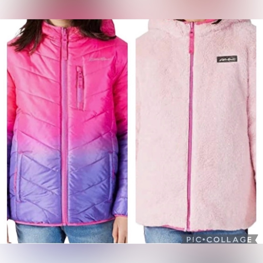 Eddie Bauer Deer Harbor Reversible Jacket Hooded Pink Girls Size Large 12-14